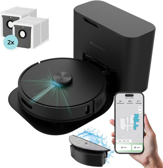 Heevey Robotstofzuiger met dweilfunctie - Automatisch leegstation - Vacuum cleaner - Dweilrobot - Huisdieren - 7000PA zuigkracht - LDS lasernavigatie - Dweilrobot - 2 extra stofzuigerzakken - Met app(Robotstofzuiger Pro Oplaadstation)