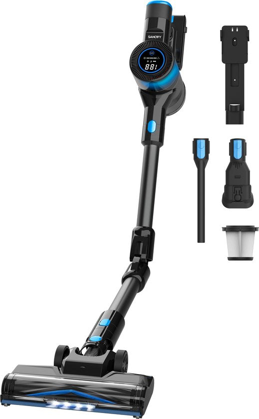 Sanovy Turbo Flex X28 Steelstofzuiger Draadloos - Zonder Zak - Op Accu - 350W - 28Kpa - Met Opzetstukken - Draadloze Stofzuiger Zonder Zak(Parketzuigmond, 1 accu, Meubelzuigmond, Flexibel tussenstuk, Kierenzuigmond, Muuroplaadstation)