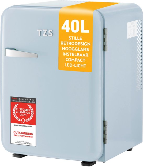 TZS FIRST AUSTRIA TZS First Austria Mini koelkast - Minibar - 40 liter - Vrijstaand - Volledig stil 22dB - Retro - Blauw