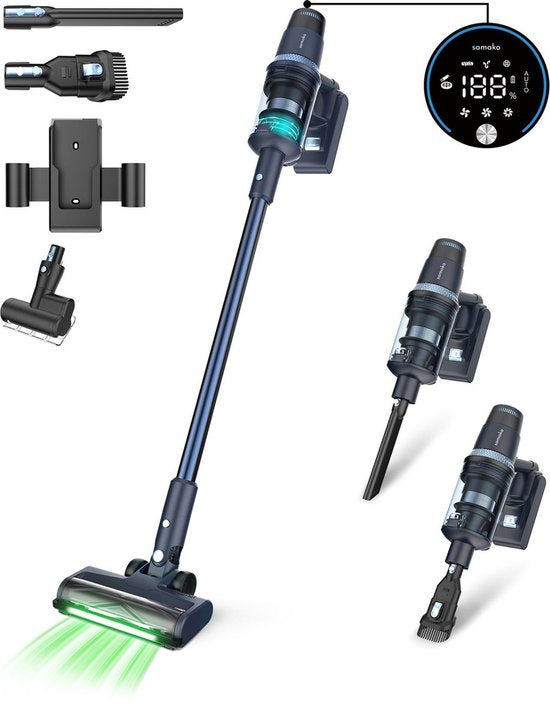 Samako Steelstofzuiger Draadloos - 450W - Kruimeldief - 4 Opzetstukken - Stofzuiger 32kPa zuigkracht - Zonder zak op accu - CleanDetect(Kleine zuigmond, Meubelzuigmond, Matrasborstel, Parketzuigmond, 1 accu, Kierenzuigmond, Muuroplaadstation)