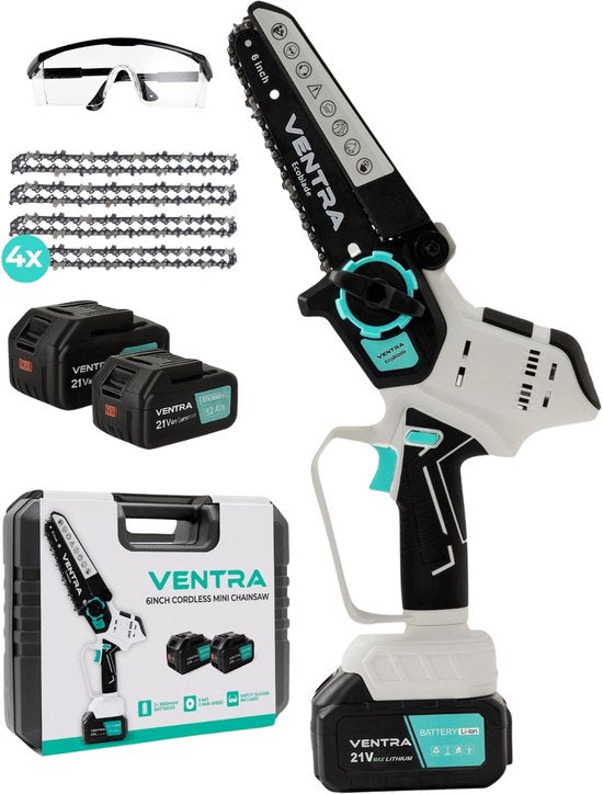 Ventra VENTRA® - Mini Kettingzaag - Heggenschaar 21V Accu - Handkettingzaag - Snoeizaag - Takkenzaag - 3000mAh - Inclusief 2 Accu's en 4 Kettingen en Veiligheidsbril