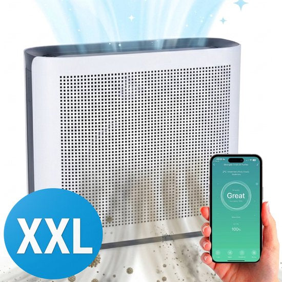 Luchtreiniger Premium met App - CADR 360 m³/u - Air Purifier XL - Luchtreinigers met HEPA Filter en Ionisator - Werkt tegen Huisstofmijt, Hooikoorts, Allergie - Silvergear(360)