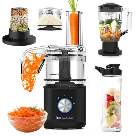 KitchenBrothers Foodprocessor - 5 in 1 Multifunctioneel Model - Hakmolen - Groentesnijder - BPA Vrij - 0,5L - Keukenmachine - Uiensnijder - Zwart(Zwart)
