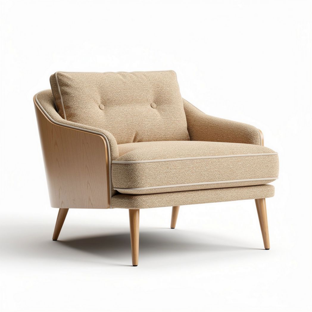 Fauteuil van stof met houten poten 80 x 80 x 80cm beige kleur