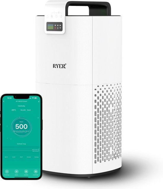 RYER Luchtreiniger XL - HEPA 13 filter + Koolstoffilter - CADR 350 m3/u - Helpt bij hooikoorts, allergieën, huisstofmijt en stof - Luchtkwaliteitsindicator - Slaapstand - Met App