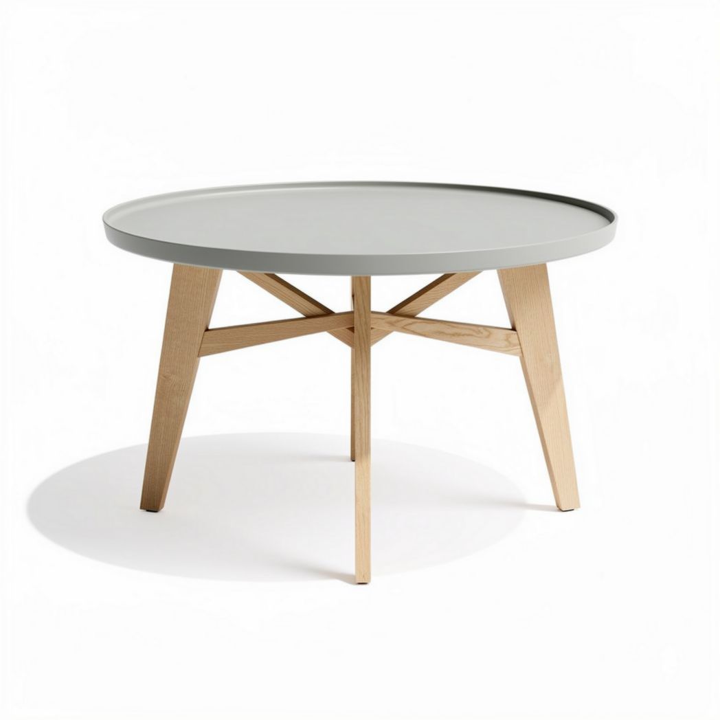 Witte ronde tafel van hout met een diameter van 90 cm en een hoogte van 75 cm