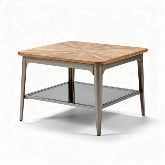 Salontafel van hout en glas met afmetingen 80 x 80 x 45cm