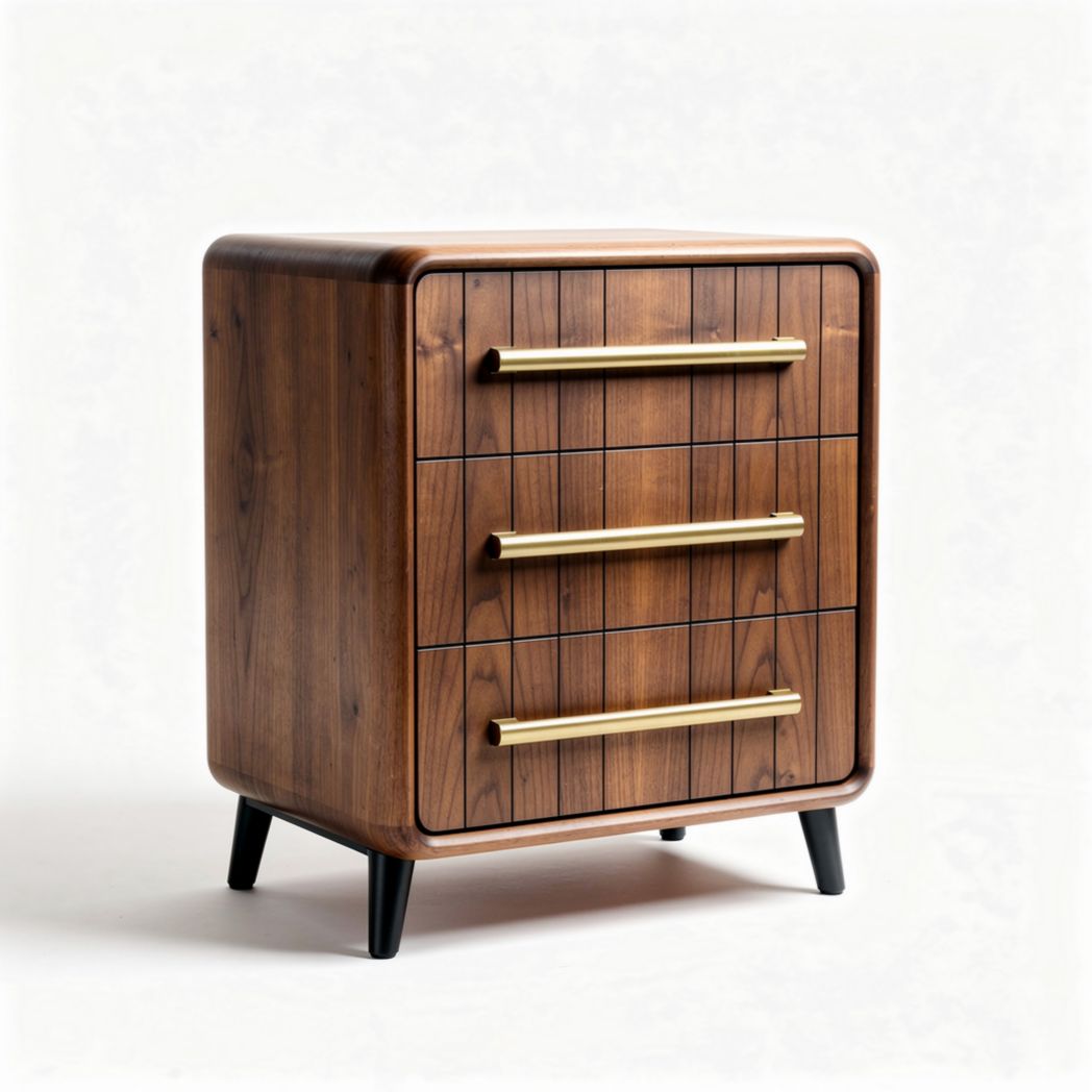 houten nachtkastje met drie lades en messing handgrepen 60 x 40 x 70cm