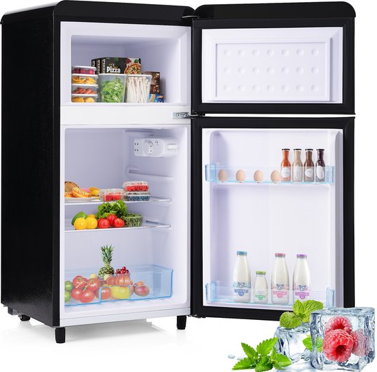 Sweiko Zwart Retro koelkast, met dubbele deur, 72-liter totaalvolume, met 21-liter vriesvolume, 120 kWh/jaar, LED-lamp [energieklasse E]