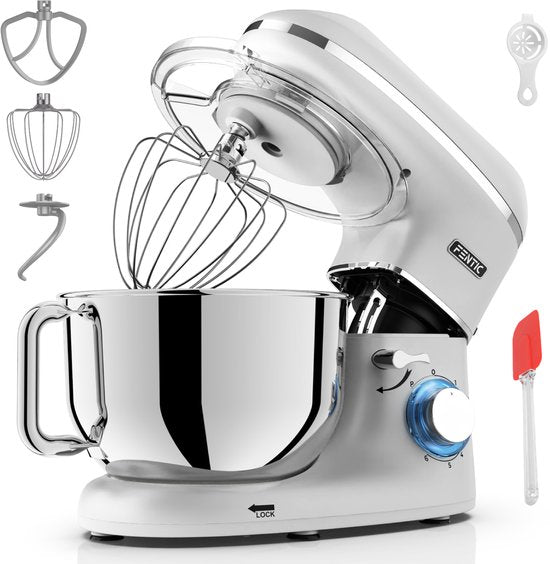 Fentic Keukenmachine - 2000W - RVS Mengkom (6,2 L) - Keukenrobot - Foodprocessor - Mixer met Garde, Deeghaak en Menghaak - Incl. extra Accessoires - Zilver(Zilver)