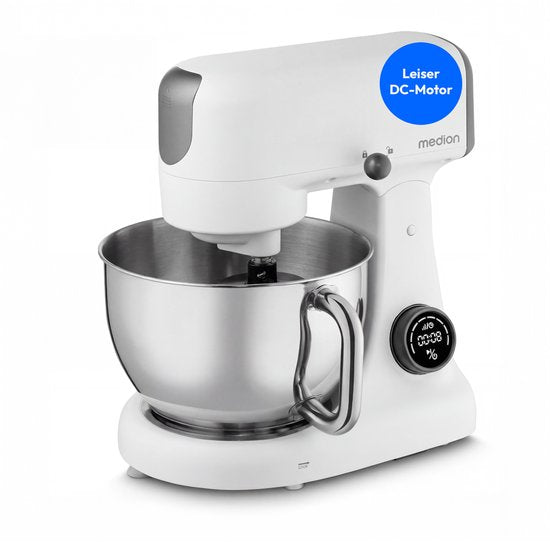 MEDION keukenmachine met hakmolen (800 watt, gelijkstroommotor, roestvrijstalen kom van 4,6 liter, energiebesparend, ultrastil, digitaal sensor-touch-display, MD12600) Wit(wit)