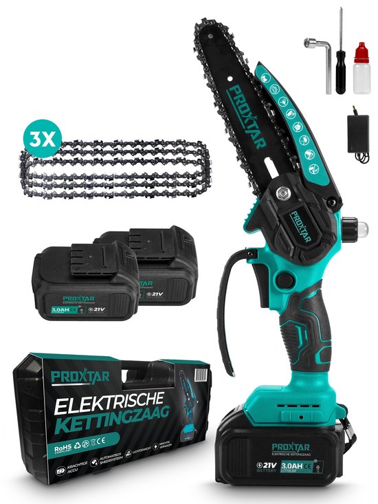 ProXtar Mini Kettingzaag - Kettingzaag - Snoeizaag - Takkenzaag - Handzaag - Inclusief Opbergkoffer, 2 Accu's  3 Kettingen - Automatische Kettingsmering - Brushless(6)