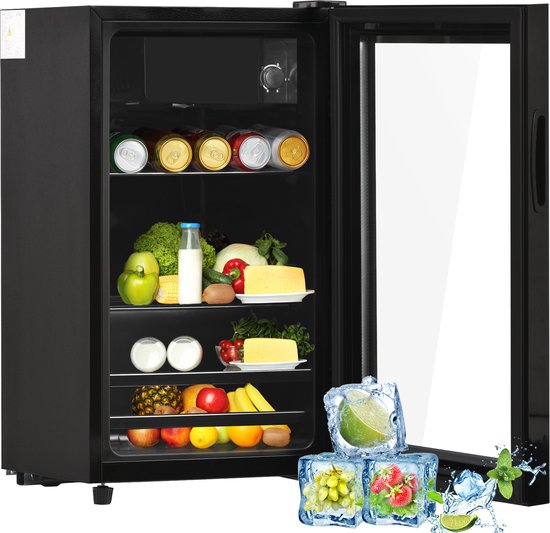 Sweiko 76LMini Koelkast, 3L+73L voor ijs, houdt 51 blikjes limonade, water, bier of wijn. Laag geluidsniveau verrichting, compressorkoeling systeem, energie-efficiënt, regelbare planken