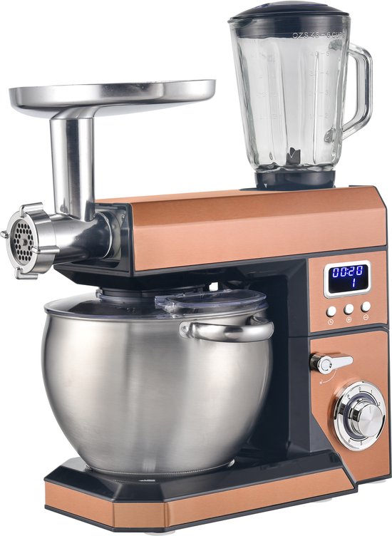 Swiss Haus® KM2285BG Keukenmachine - 1500W Keukenrobot – 8.5L RVS Mengkom – Met Blender 1.5L  Vleesmolen – Foodprocessor met Timer  LED Display – Koper(Kneedhaak， Vleesmolen， Blender， Kloppers/garde)