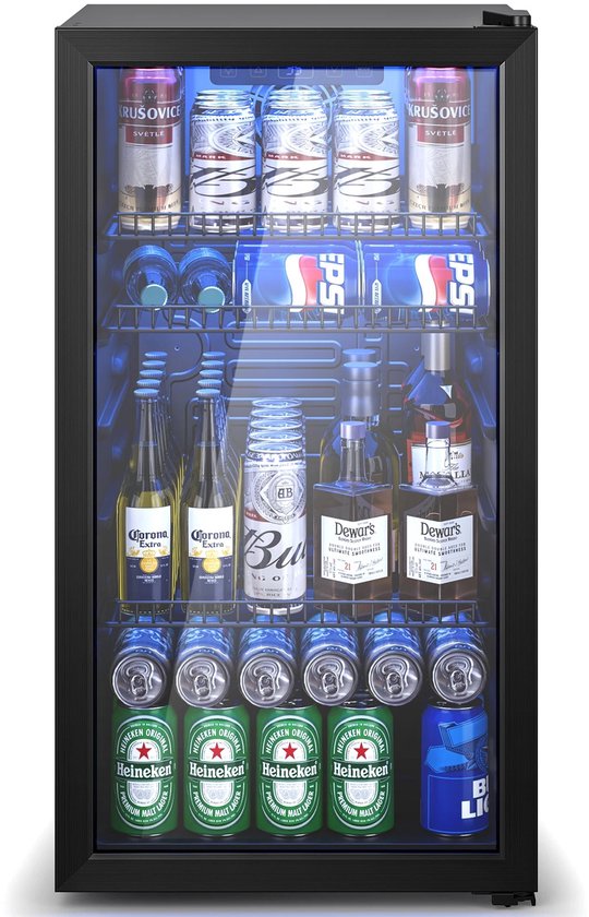 Merkloos / Sans marque Flolife - Drankenkoelkast 90L - Drankkoeler - Minibar - Bierkoelkast - Frisdrankkoelkast - Wijnkoelkast - 128 Blikjes - Dubbel Glas - LED Verlichting - Verstelbare Planken - Zwart - Energieklasse C