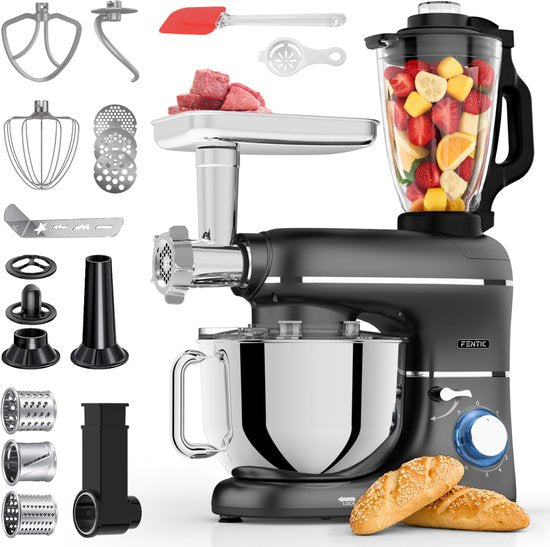 Fentic Keukenmachine – 2000W – Keukenrobot – Foodprocessor - 6,2L Mengkom – Incl. Vleesmolen, Blender en extra Accessoires – Zwart(Mat zwart)