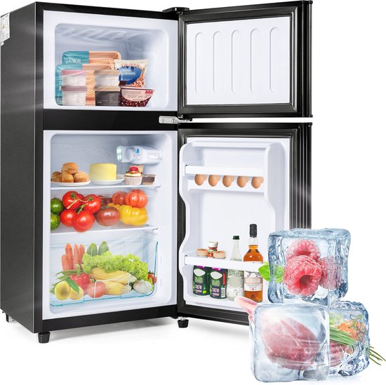 Sweiko Mini koelkast, Koel-vriescombinatie 86,8 cm hoog, 45,5 cm breed, dubbele deur, met 60-liter totaalvolume, 22-liter vriesvolume, 38-liter koelvolume. 172 kWh/jaar, LED-licht. Zwart [Energieklasse F]